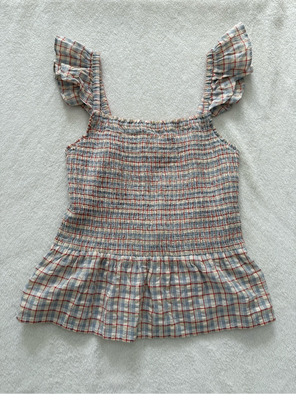 Madewell Smocked Plaid Ruffle-Strap Tank Red, Blue 6